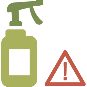 Custom icon shows illustrated spray bottle in green and yellow with a triangle surrounding an exclamation point in red