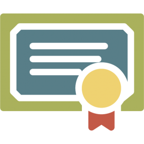 Custom icon shows illustrated blue and green certificate with yellow and red ribbon in the bottom right corner