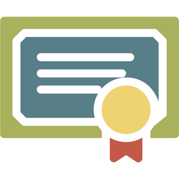 Custom icon shows illustrated blue and green certificate with yellow and red ribbon in the bottom right corner