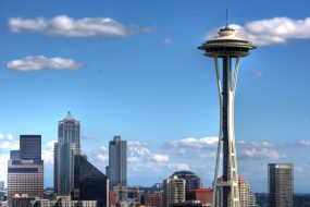 Seattle Skyline with Mount Ranier in the background and  the space needle from Queen Anne Hill.