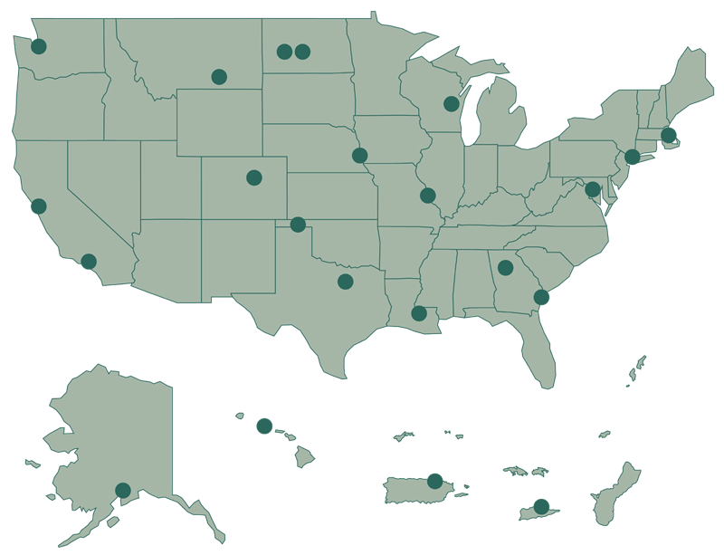 Map of the U.S. and Territories with associated markers for locations that ATSDR staff provided critical assistance.