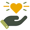 Icon of a hand holding up a hovering heart with shining bursts radiating from the heart.