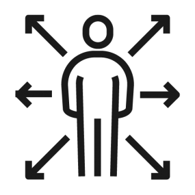 Arrows pointing in different directions surrounding a faceless person.