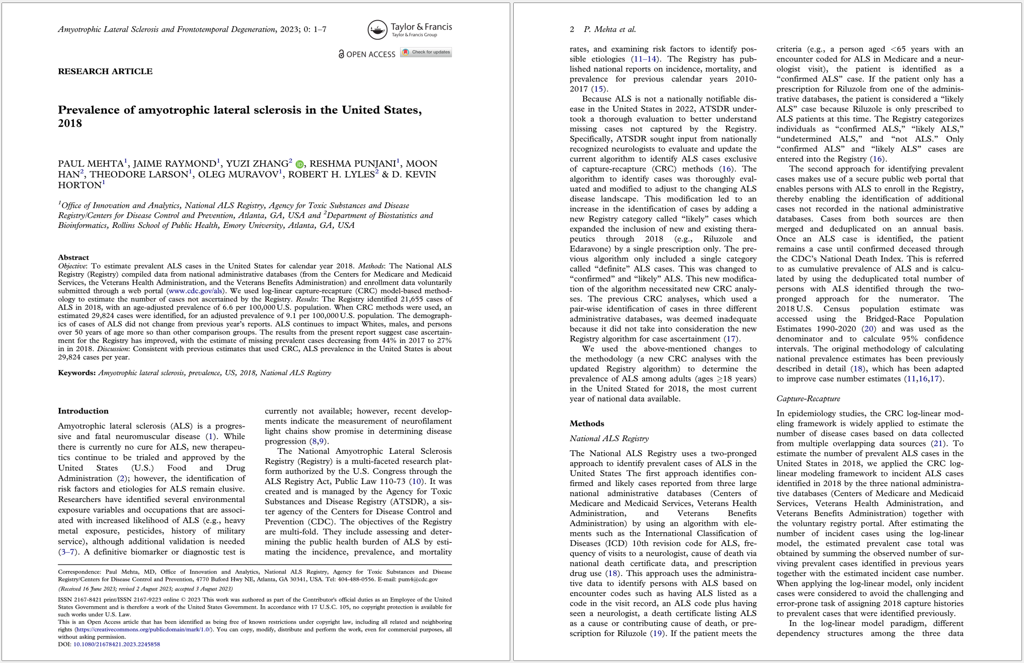 Mehta et. al. 2023 (Prevalence of ALS) Screenshot of the first two pages of ALS Prevalence 2018 paper