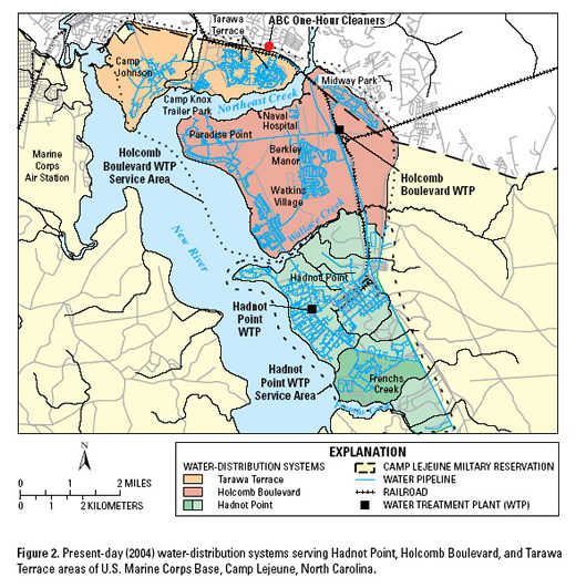 Map of water distribution systems serving Hadnot Point, Holcomb Boulevard, and Tarawa Terrace areas of U.S. Marine Corps Base, Camp Lejeune.