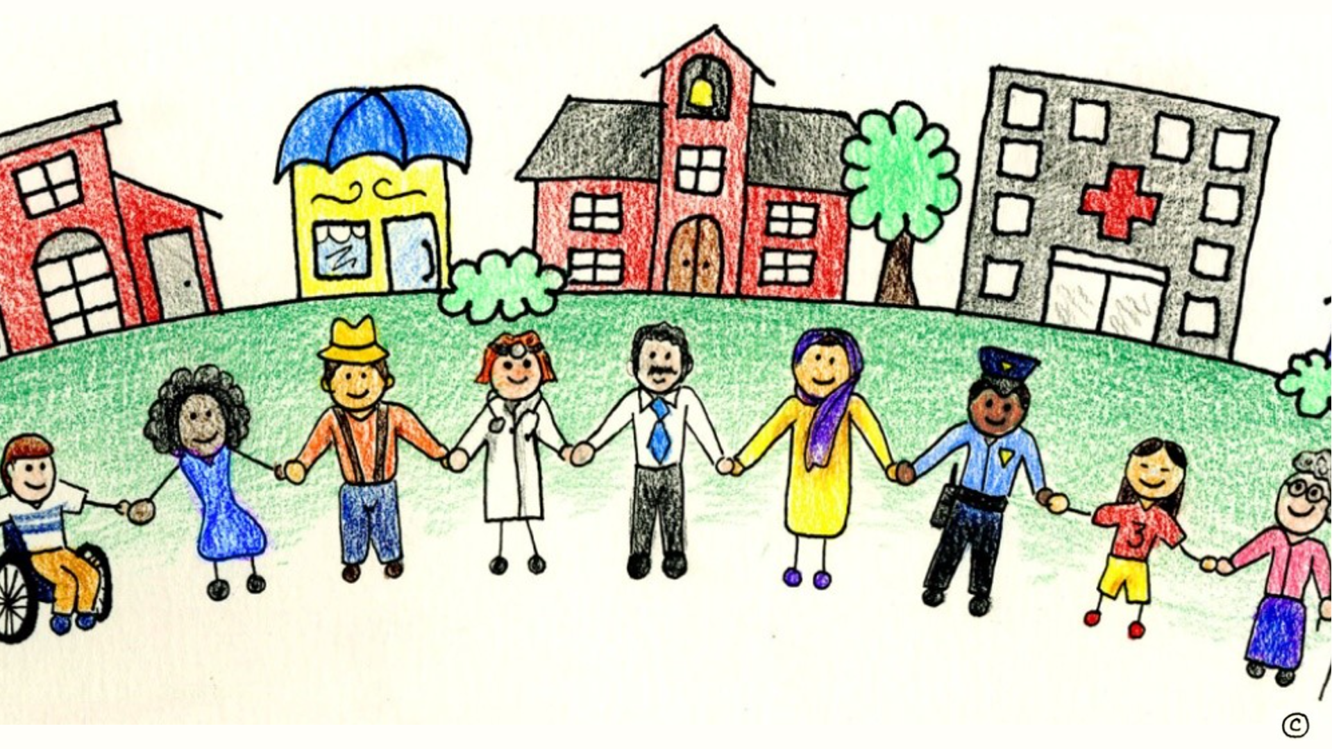 A childlike drawing of a diverse group of people holding hands