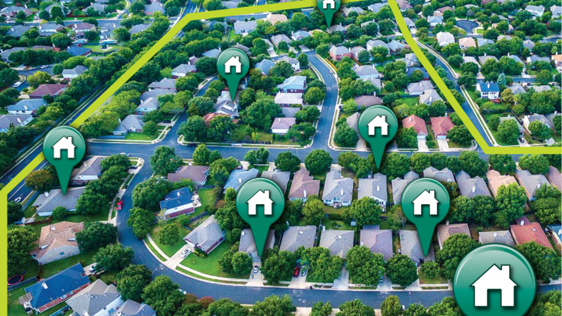 Houses in a suburb with green bubble identifies over them.