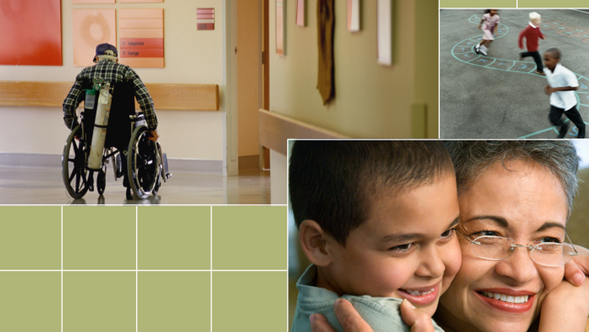 man in wheelchair, children playing, and grandmother and child.