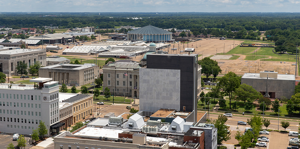 Aerial view of the Mississippi Coliseum and Downtown Jackson, Mississippi.