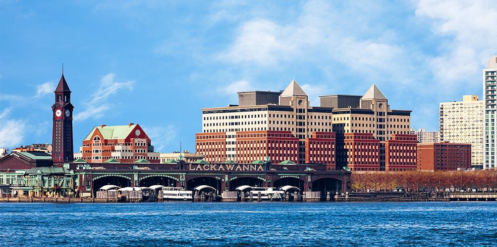 Waterfront and skyline viewed of Hoboken, New Jersey, from the Hudson River.