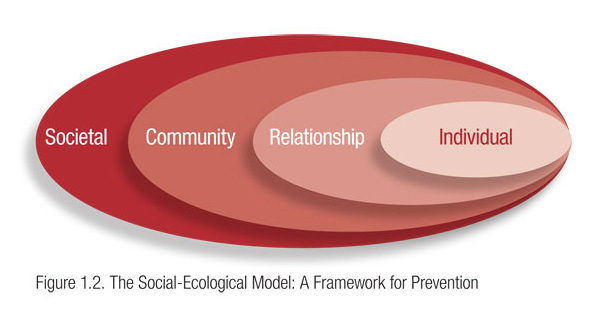 Figure titled “The Social Ecological Model: A Framework for Prevention.” One circle labeled Individual is encompassed by a larger circle labeled Relationship, which is encompassed by a larger circle labeled Community, which is encompassed by the largest circle labeled Societal.