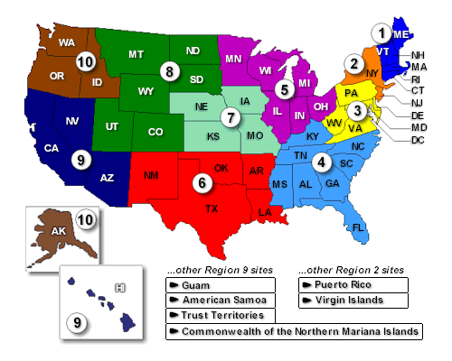 Other Region 2 sites: Puerto Rico, Virgin Islands. Other Region 9 sites: Guam, American Samoa, Trust Territories, Commonwealth of the Northern Mariana Islands.