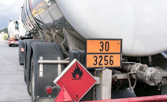 Tanker truck with emergency hazard sign