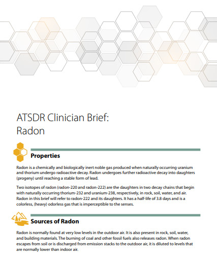 Screenshot of the cover page of the ATSDR Clinician Brief: Radon document.