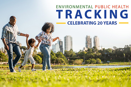 A couple walk with their child in a park with the text: Environmental Public Health Tracking - Celebrating 20 Years