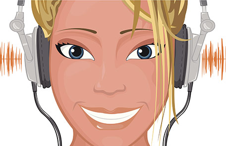 An illustration of a woman wearing headphones and listening to music.