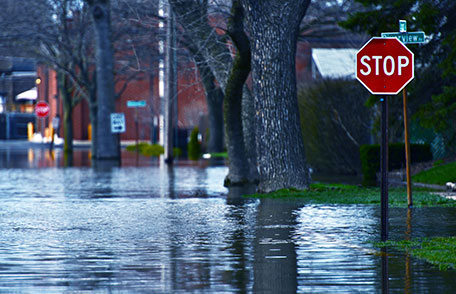 Street signs on flooded street