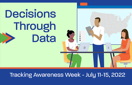 People working in an office setting with the text "Decisions Through Data" - "Tracking Awareness Week - July 11-15, 2022"