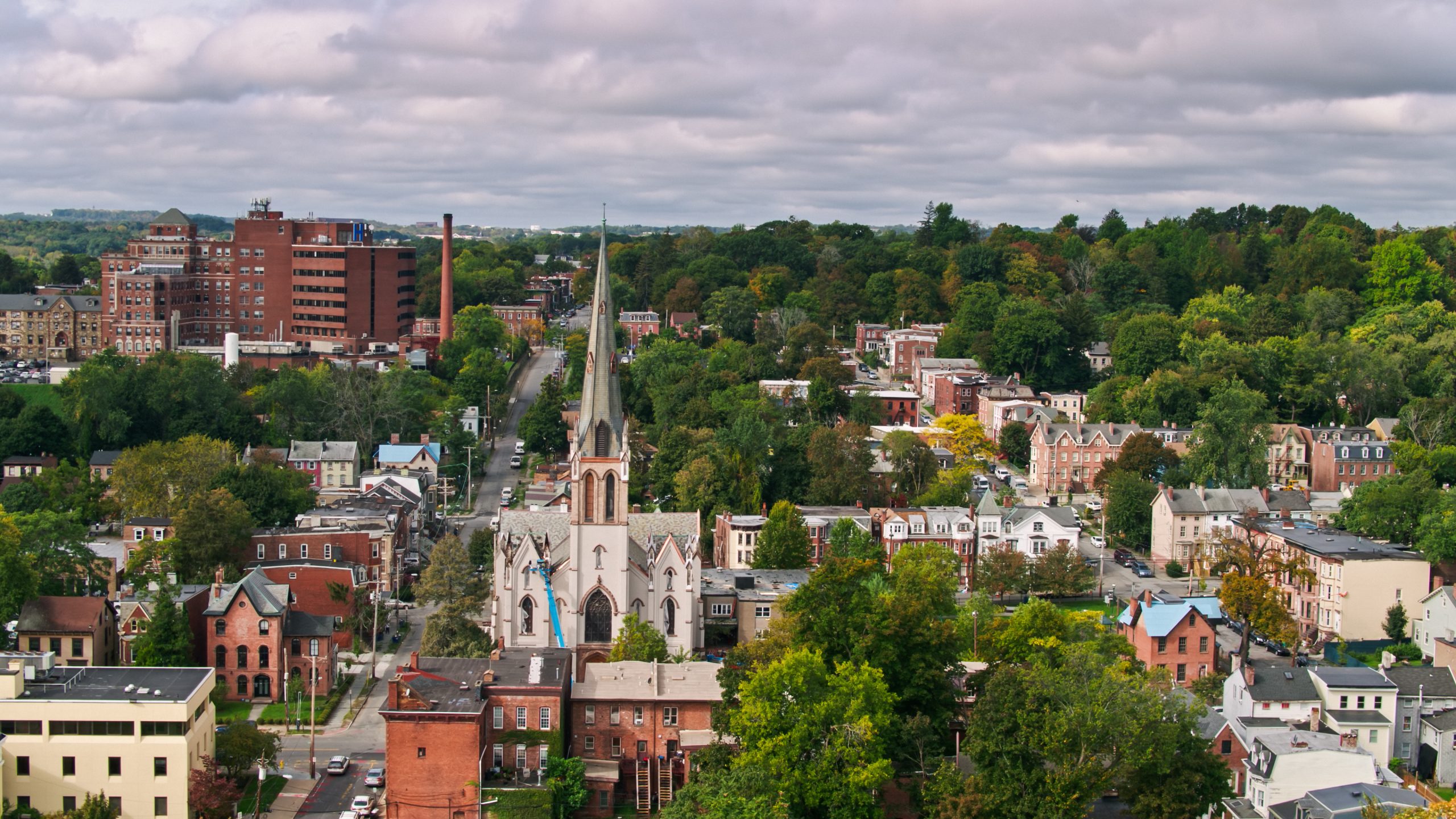 Aerial shot of Newburgh, a small city in the Hudson River Valley in Orange County, New York