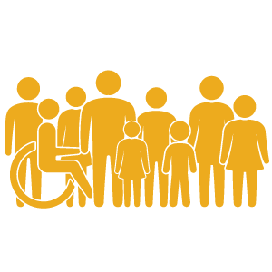 Gold icon of multiple people with different heights including adults, children, and an individual in a wheelchair.