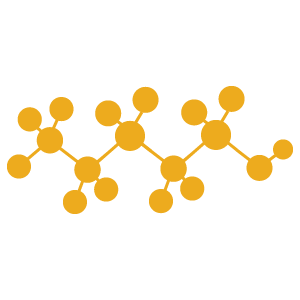 Gold icon of a PFAS chemical structure containing groups of circles representing atoms and lines representing chemical bonds.