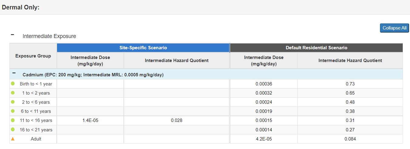 This shows how the results in the previous table would look in PHAST for this Soil/Sediment Dermal Exposure Dose example