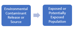 Box 1: Environmental contaminant release or source and an arrow pointing to box 2: exposed or potentially exposed population