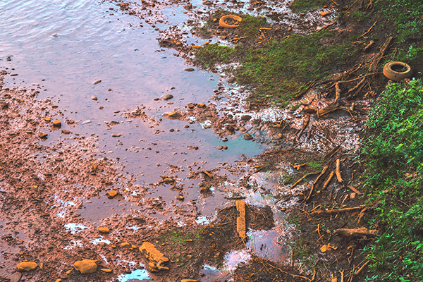 Pollution Along a River Bank in the Form of Oil, Tires, and Coal