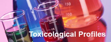 Beakers with colored liquids with the text "Toxicological Profiles" on top