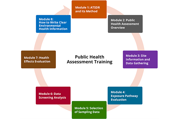 Circular diagram showing the 8 modules in the Public Health Assessment Training