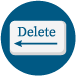 Delete Icon Blue icon with word delete in blue on white background above a blue arrow.