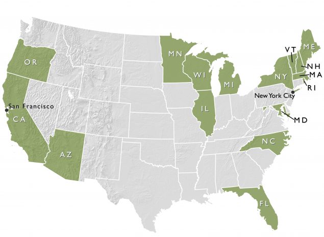 Decorative image that displays the 16 states that received CDC's Climate-Ready States and Cities Initiative grant.