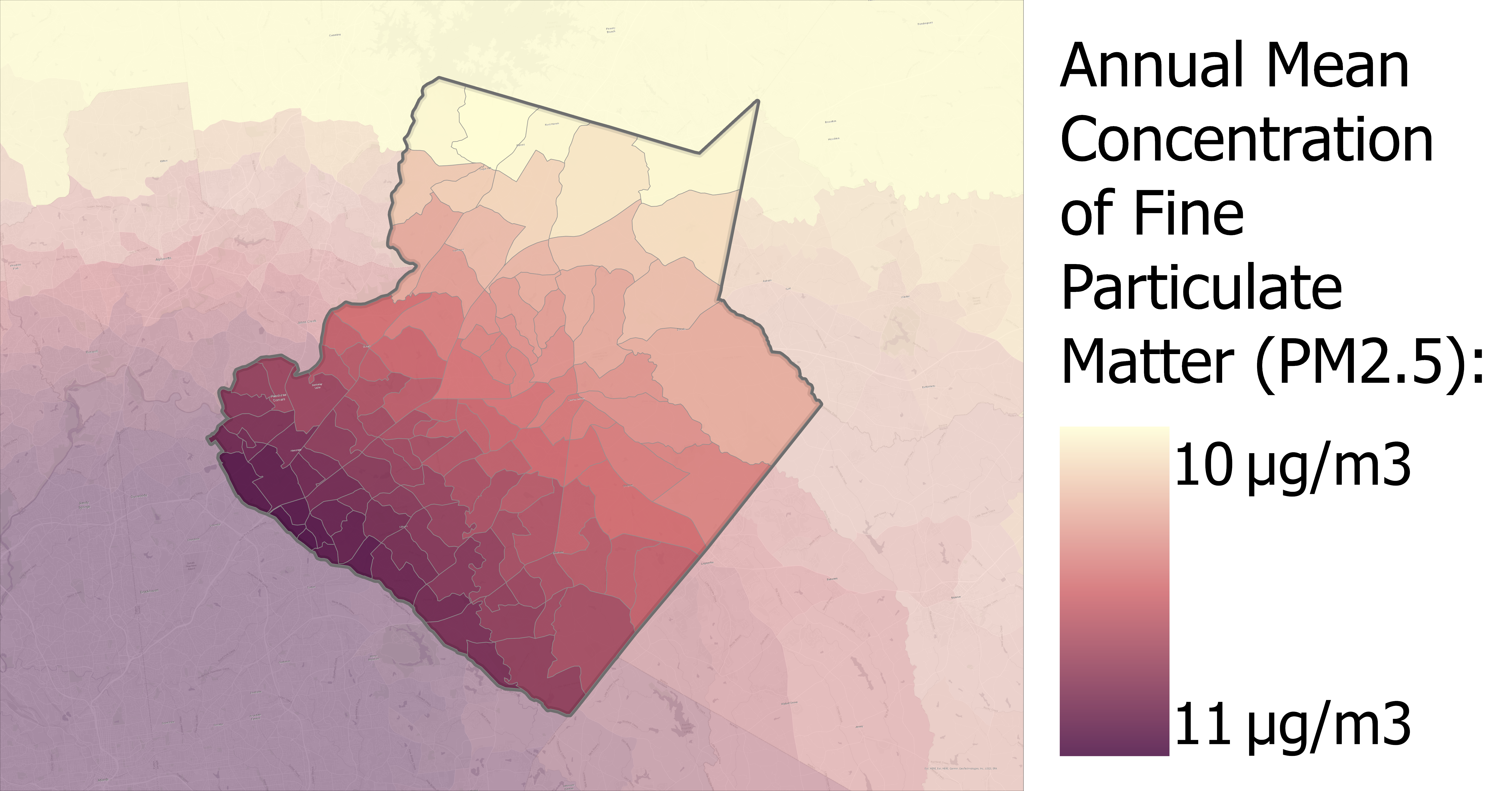 Decorative image of choropleth direct data map that depicts concentration of fine particulate matter.