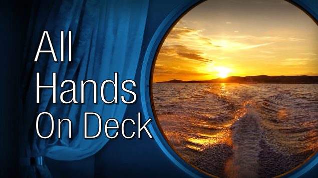 All Hands on Deck text over ocean.