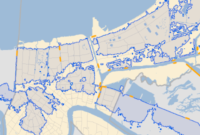 Map of New Orleans combining each analysis to show the flooding area, Katrina-related drownings.
