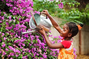 Girl watering flowers.