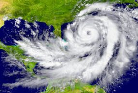 Satellite image of a hurricane swirling off the coast of the southeastern United States.