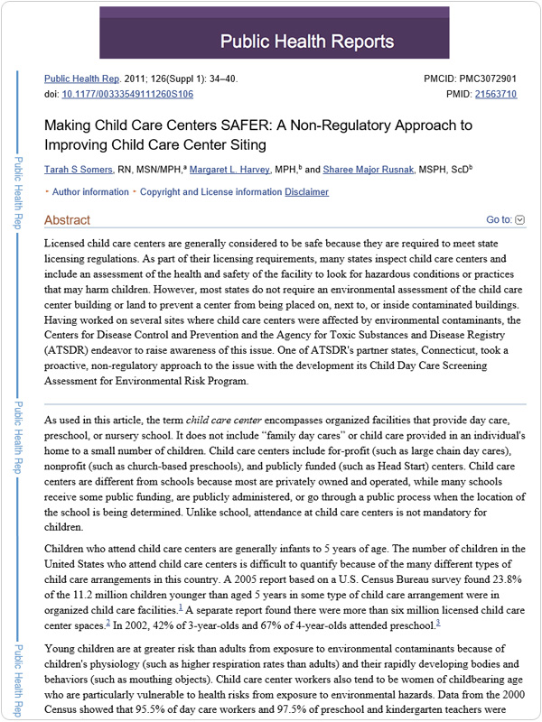 Making Child Care Centers SAFER: A Non-Regulatory Approach to Improving Child Care Center Siting screen shot of the web page for Making Child Care Centers SAFER: A Non-Regulatory Approach to Improving Child Care Center Siting