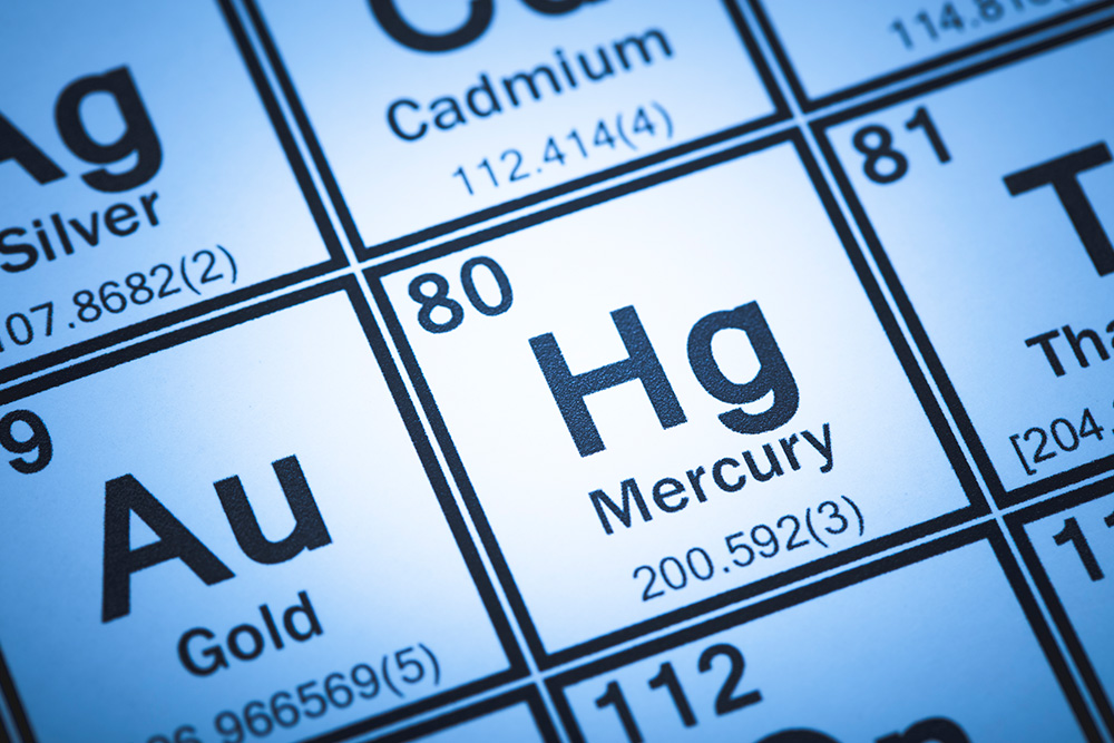 Periodic table showing elemental mercury (Hg).