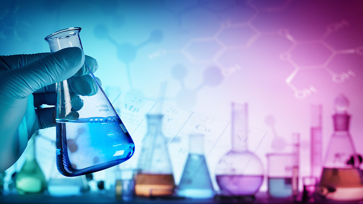 beaker with formula in laboratory