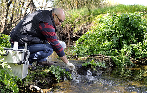 A man taking water sample from a stream for environmental pollution study.